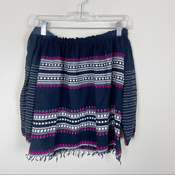 Lemlem Mamo Off Shoulder Top Cotton Wool Gauzy Navy Blouse Size XS